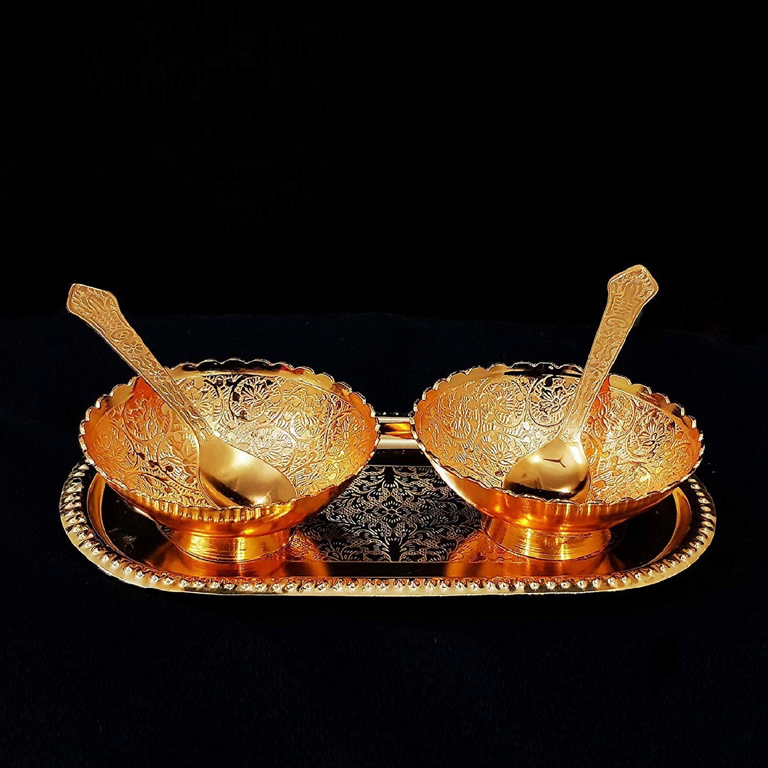 2 Bowl 2 Spoon Tray Set Brass With Red Velvet Gift Box Serving Dry Fruits Desserts Gift