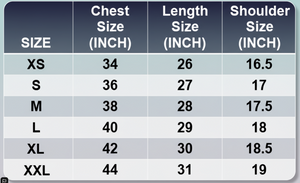 Size chart for clothing with chest, length, and shoulder measurements in inches.