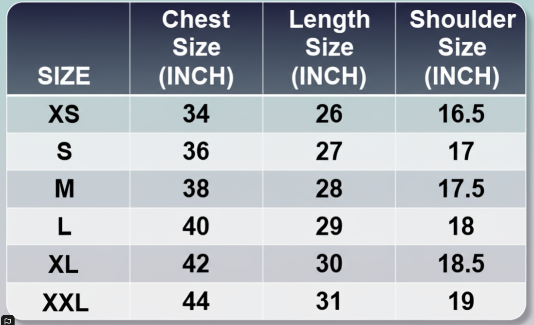 Size chart for clothing with chest, length, and shoulder measurements in inches.