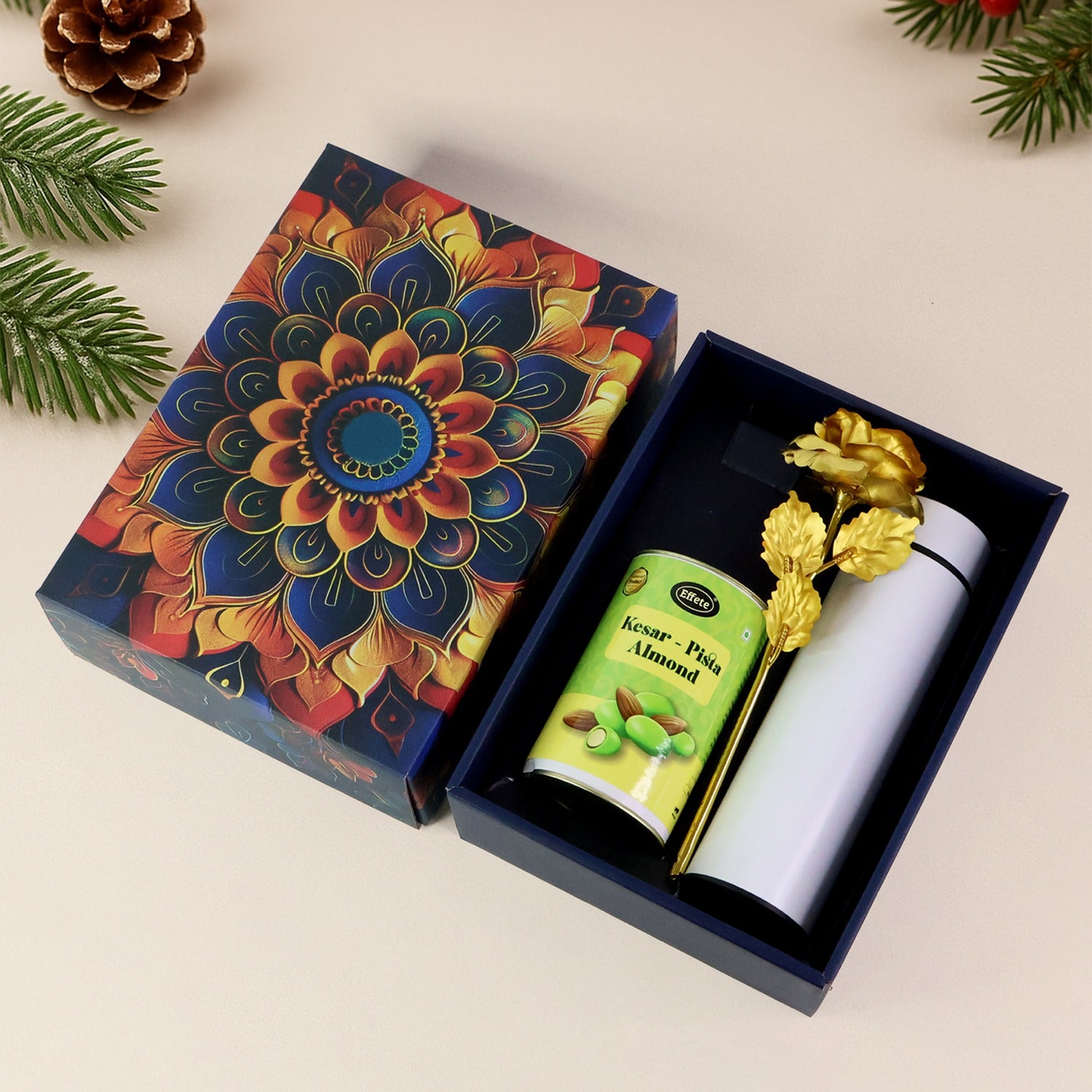 Stainless Steel Bottle, Golden Rose & [Flavor] Almonds Chocolate – Festive Gift Hamper Box