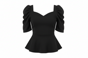 Black peplum top with ruffled sleeves on a white background