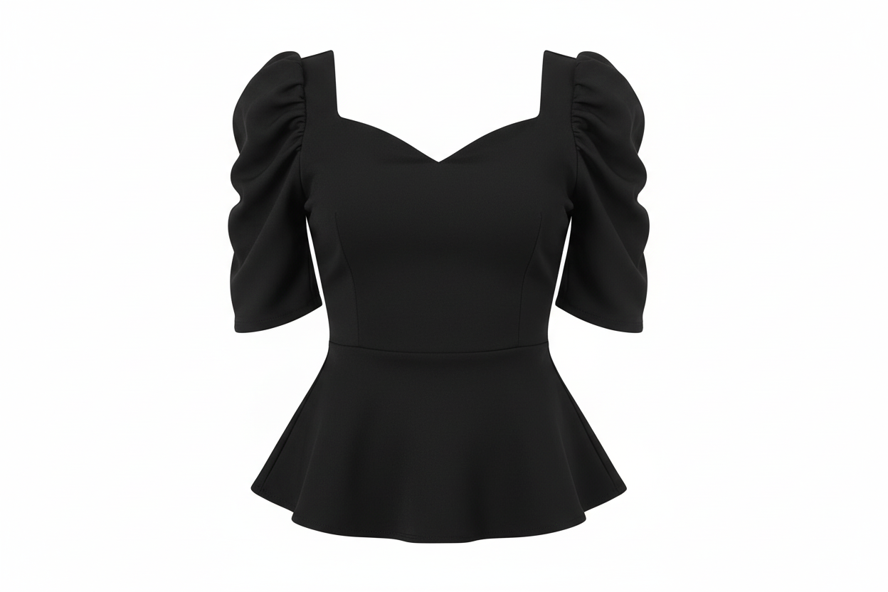 Black peplum top with ruffled sleeves on a white background
