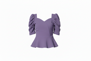 Purple peplum top with ruffled sleeves on a white background