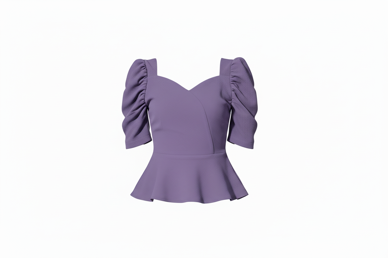 Purple peplum top with ruffled sleeves on a white background