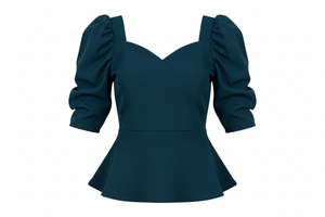 Teal peplum top with puff sleeves on a white background