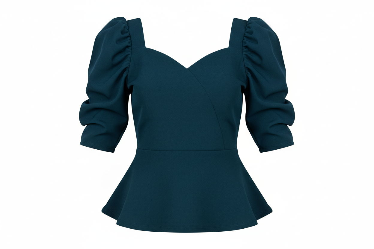 Teal peplum top with puff sleeves on a white background