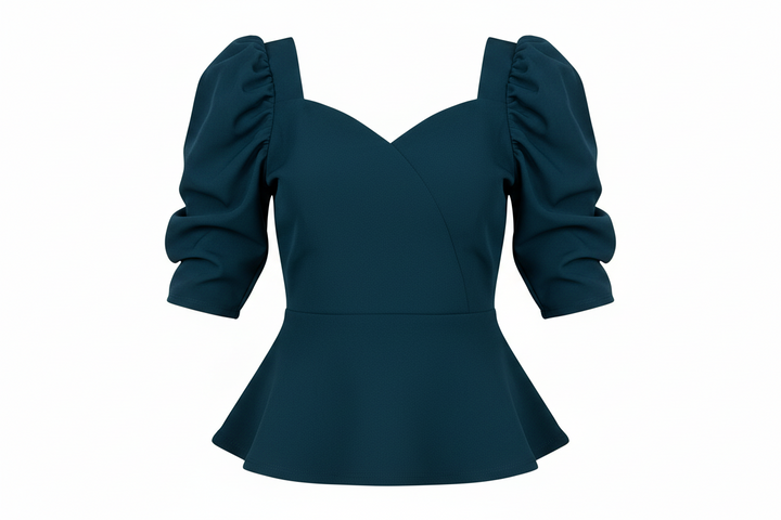 Teal peplum top with puff sleeves on a white background