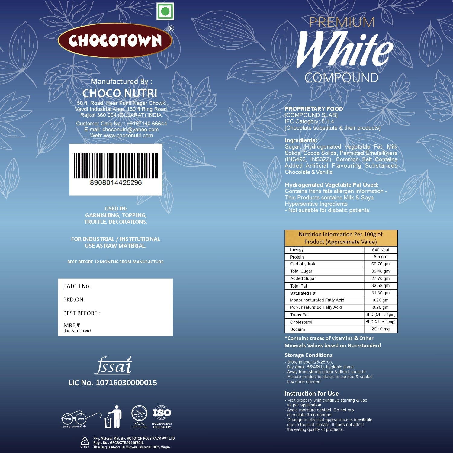 Chocotown Premium White Choco Compound Slab, 500gm - 10255_premium_white_compound_500gm