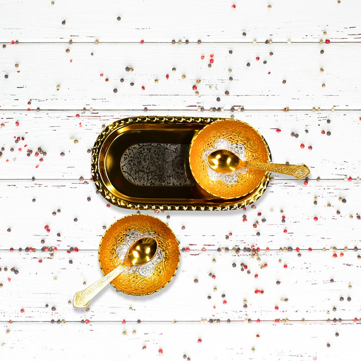 2 Bowl 2 Spoon Tray Set Brass With Red Velvet Gift Box Serving Dry Fruits Desserts Gift
