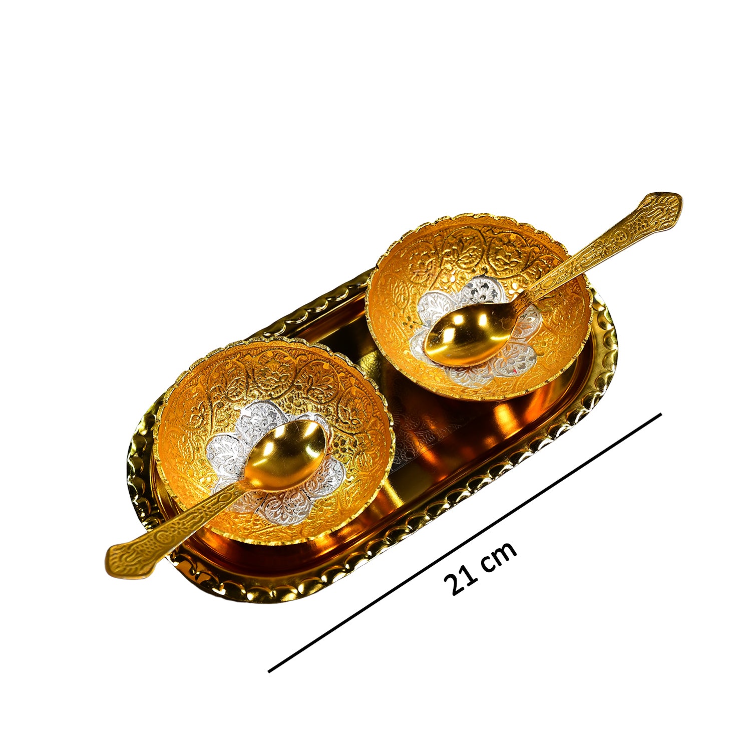 2 Bowl 2 Spoon Tray Set Brass With Red Velvet Gift Box Serving Dry Fruits Desserts Gift