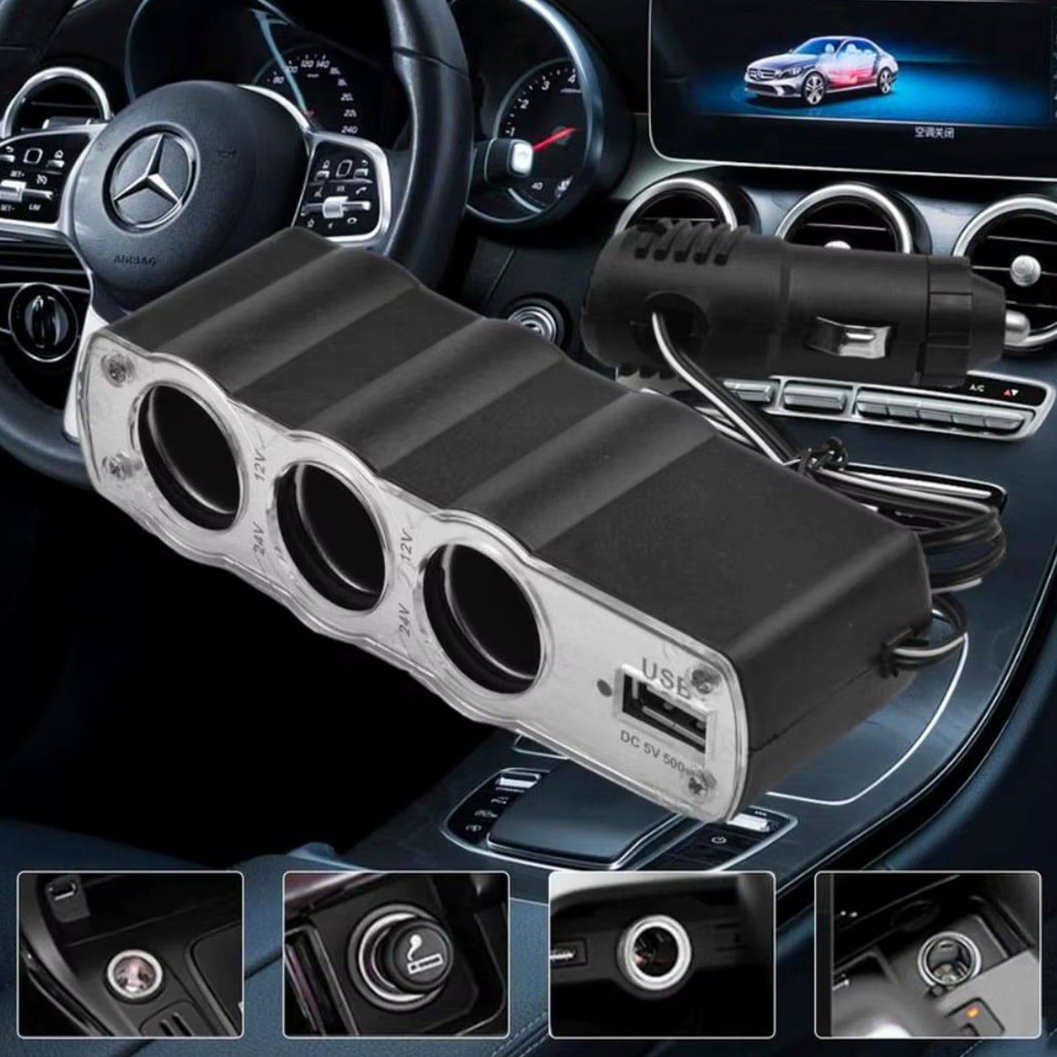 Triple 3 Way Car 12v Lighter Socket Splitter Usb Charger Power Adapter - Superior eMart