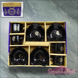 Elegant ceramic tea cup and bowl set in black, perfect for stylish tea gatherings
