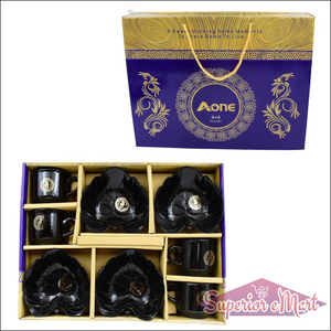 Ceramic tea cup and bowl set in a gift box with stylish black design and six pieces for elegant dining