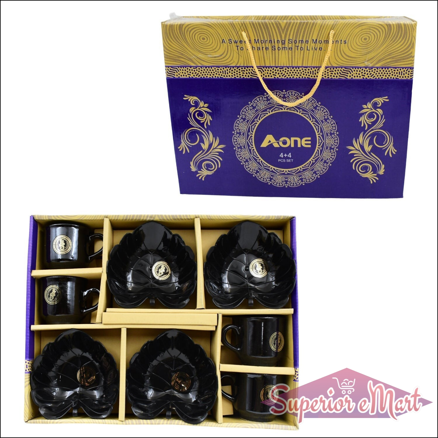 Ceramic tea cup and bowl set in a gift box with stylish black design and six pieces for elegant dining