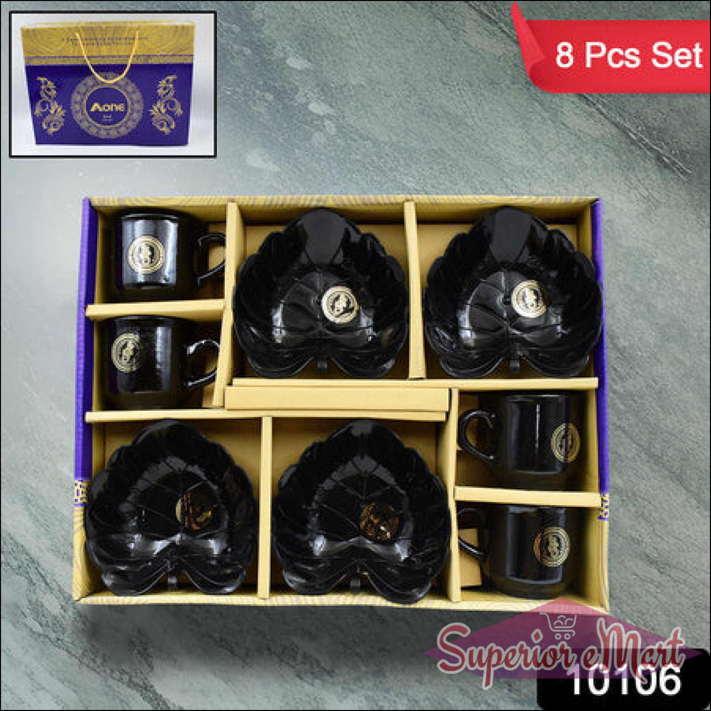 Elegant black ceramic tea cup and bowl set, includes four cups and four bowls in a stylish box