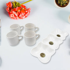 Triple Mazza Ceramic Tea  Cups Set Including 3 Compartment Plastic Serving Platter (4 Pcs Set) - Superior eMart