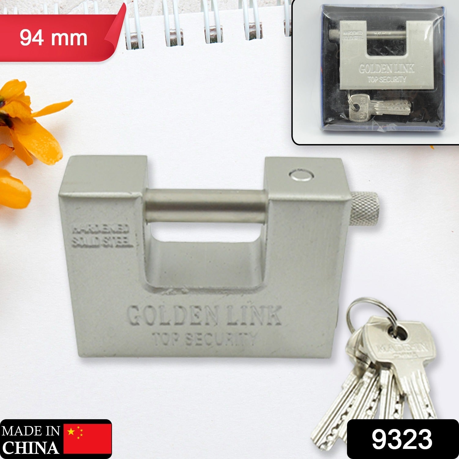 94mm Stainless Steel Padlock: Rectangular, Hardened Steel, 5 Keys - 9323_steel_pad_lock_94mm