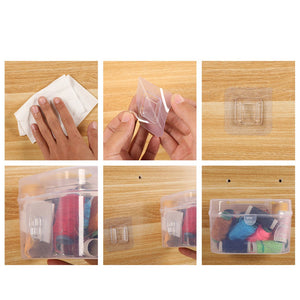 Instructions for using heavy duty adhesive hooks for organizing craft supplies in a transparent container