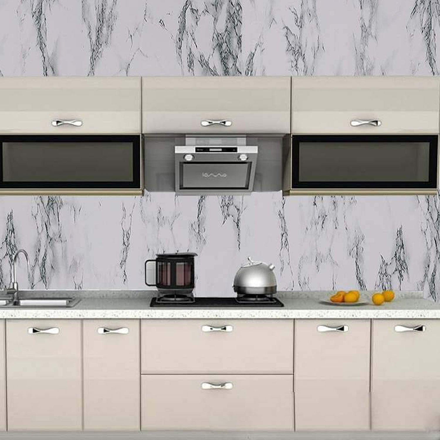 Modern kitchen with white cabinets and black appliances featuring adhesive kitchen wallpaper with gray marble design