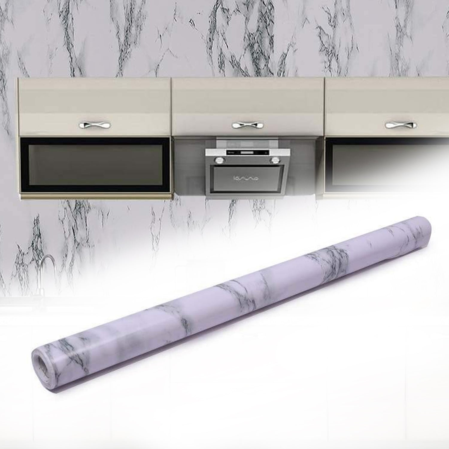 Superior eMart adhesive kitchen wallpaper with white marble pattern applied behind beige kitchen cabinets and appliances
