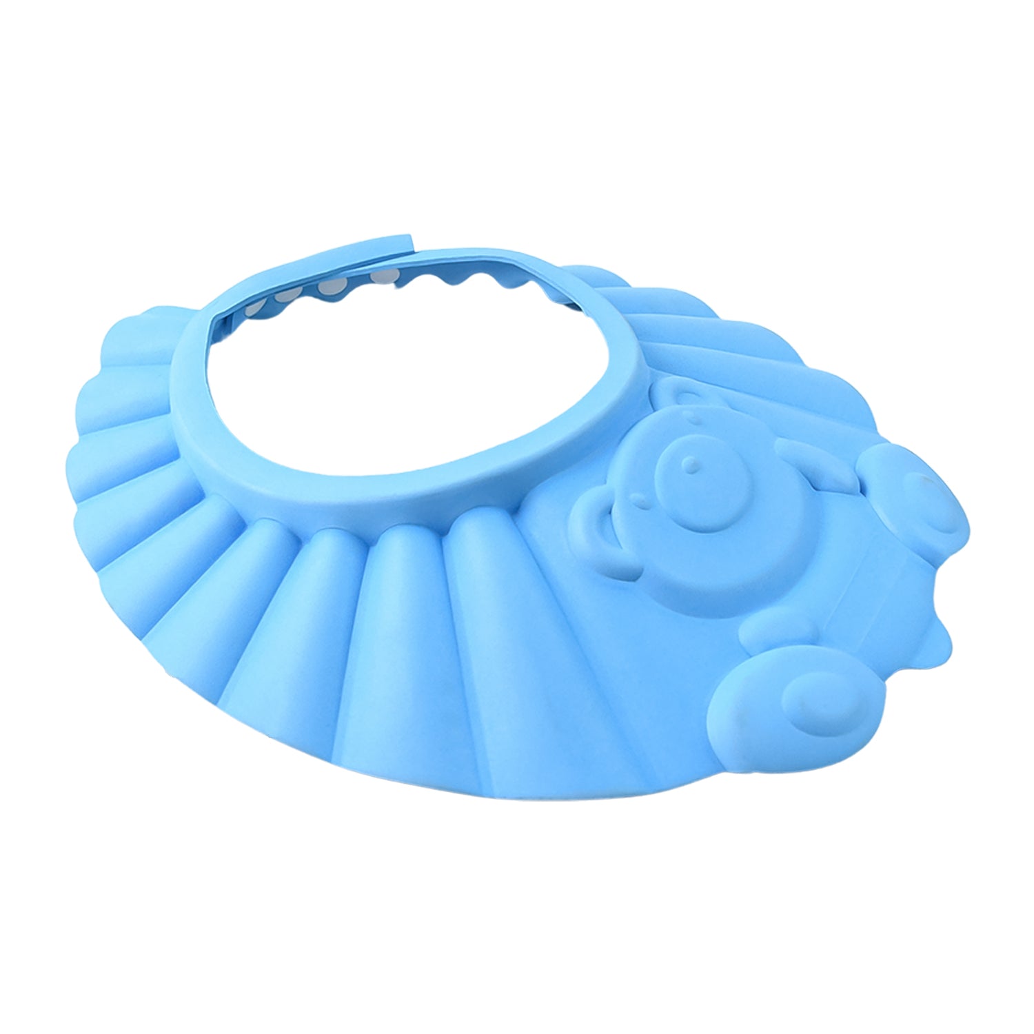 Adjustable baby shower cap in blue with bear design for easy and comfortable hair washing