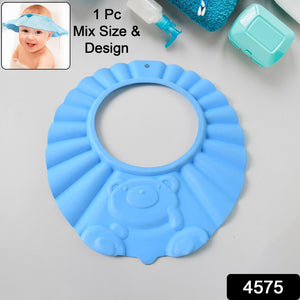 Adjustable baby shower cap in blue with bear design for easy hair washing and bath time convenience
