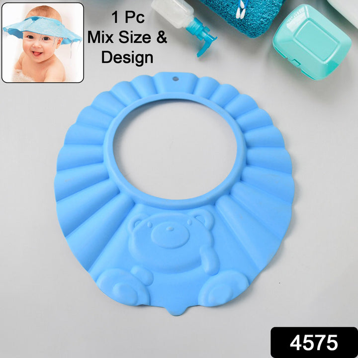 Adjustable baby shower cap in blue with bear design for easy hair washing and bath time convenience