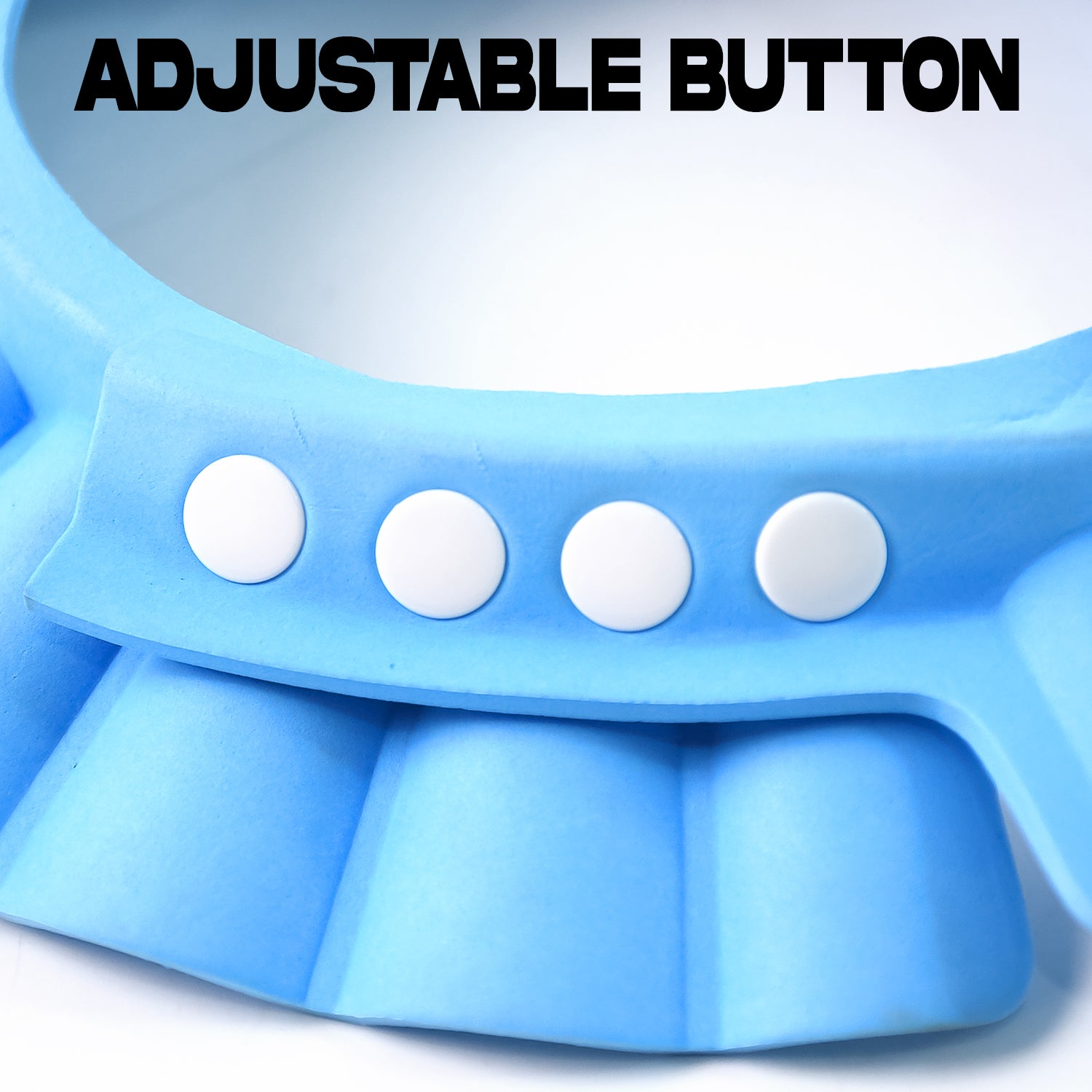 Adjustable baby shower cap in blue with adjustable button for easy size customization and comfort.