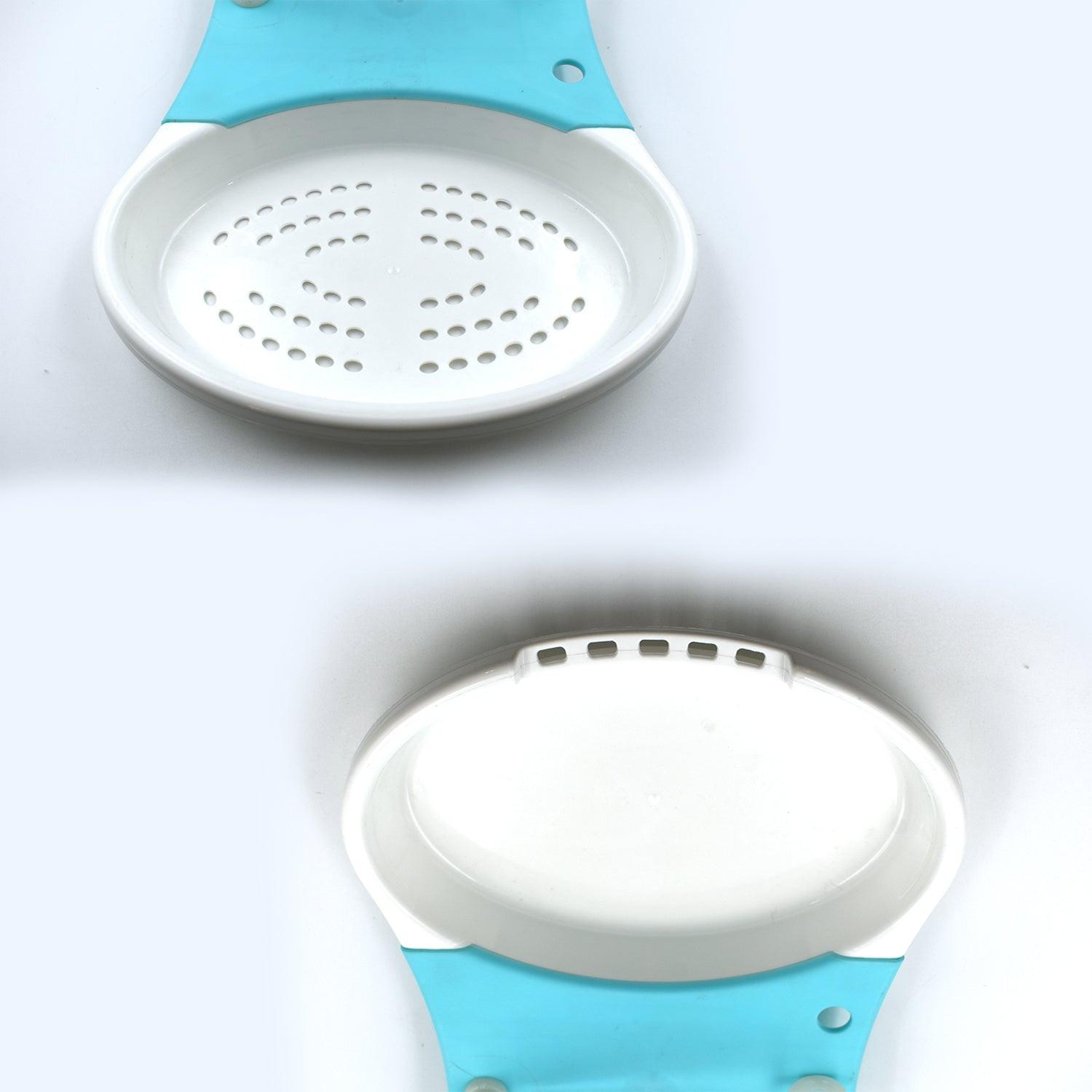 Adjustable cut and wash kitchen tool in blue and white, designed for rinsing and draining food easily