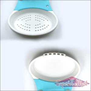 Adjustable cut and wash kitchen tool in blue and white, designed for rinsing and draining food easily