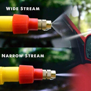 Adjustable garden sprayer nozzle demonstrating wide and narrow spray settings for versatile watering