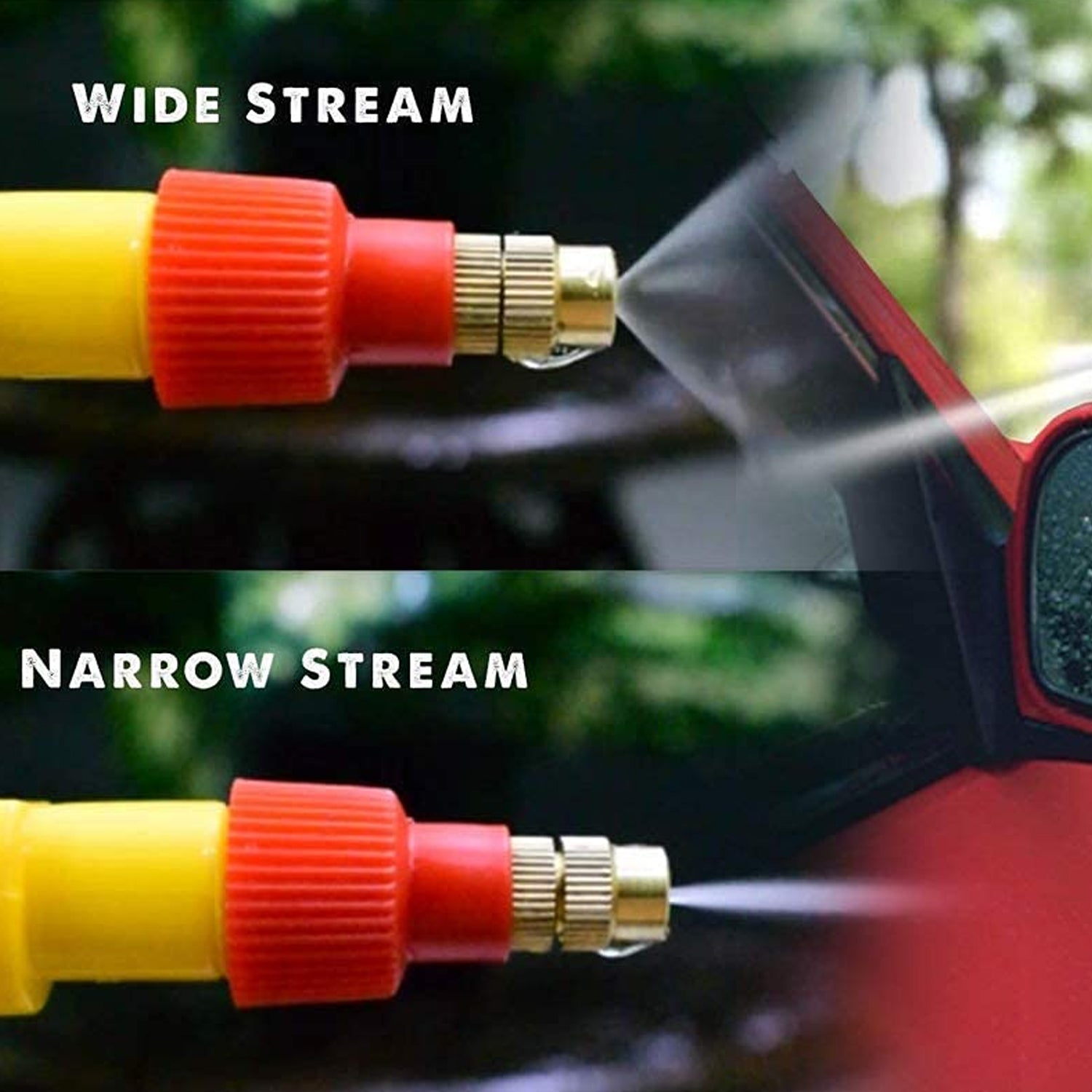 Adjustable garden sprayer nozzle demonstrating wide and narrow spray settings for versatile watering