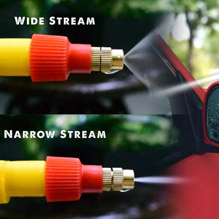 Adjustable garden sprayer nozzle demonstrating wide and narrow spray settings for versatile watering
