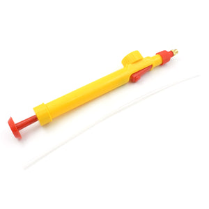 Yellow adjustable garden sprayer nozzle with a red trigger and flexible hose for precise watering