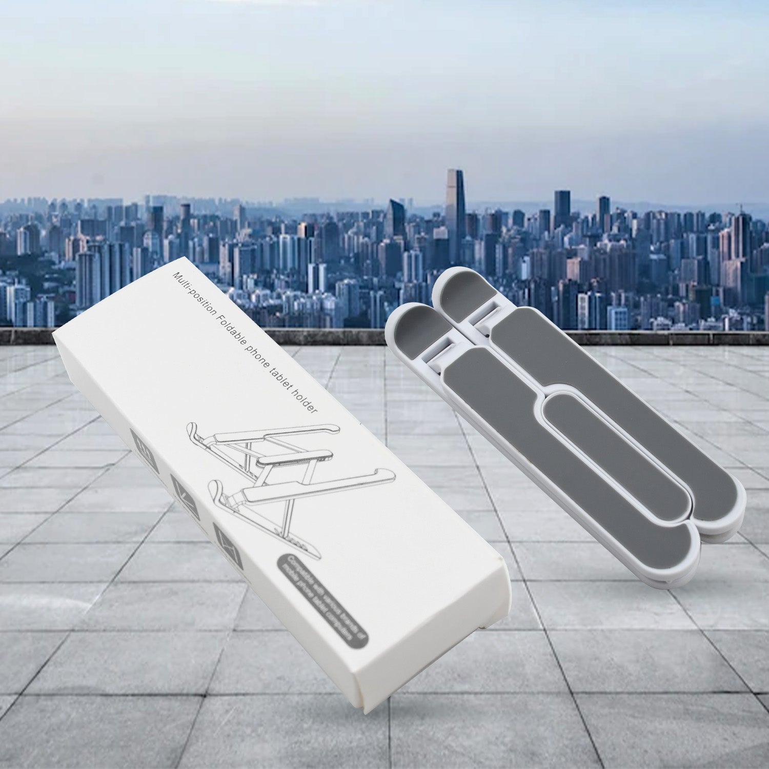 Superior eMart adjustable laptop stand with compact design on a city rooftop