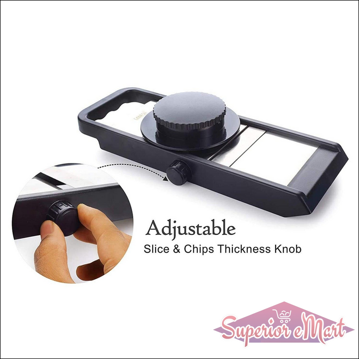 Adjustable plastic slicer with slice and chips thickness knob for versatile food preparation