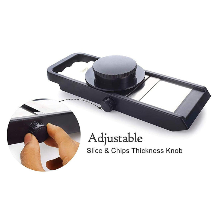 Adjustable plastic slicer with slice and chips thickness knob for versatile food preparation