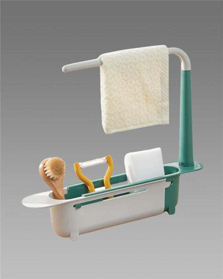 Superior eMart adjustable sink organizer with brush, sponge, peeler, and towel holder in green and white