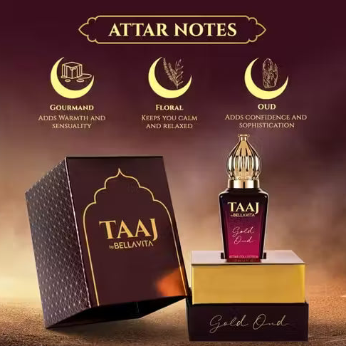 BELLAVITA TAAJ Gold Oud Attar|Unisex Non-Alcoholic Roll-On Attar|With Rose & Oud Notes| Floral Attar  (Oud (agarwood))