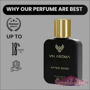 VN Aroma After Dark perfume in a black bottle with a gold cap, featuring "Up to 18% perfume oil" text.
