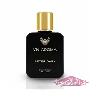 VN Aroma After Dark matte black perfume bottle with gold cap, gold wing logo, and text. 50ml Eau de Parfum.