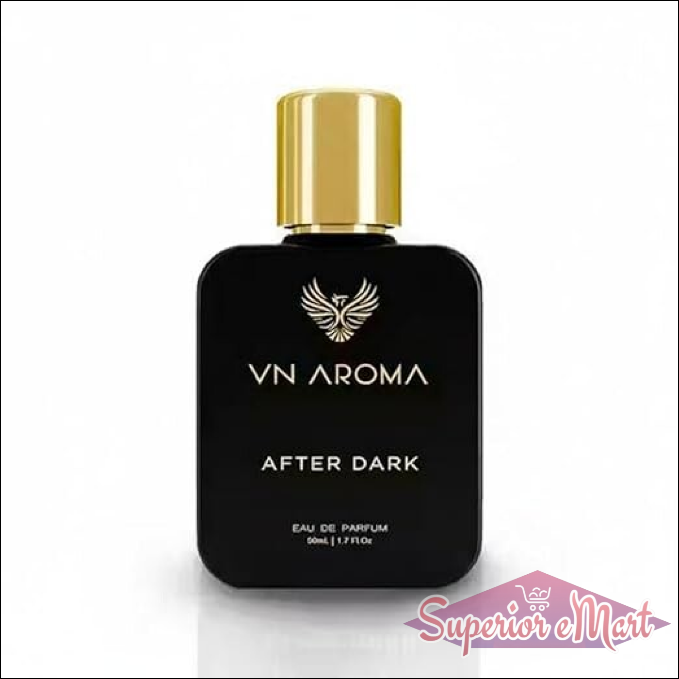 VN Aroma After Dark matte black perfume bottle with gold cap, gold wing logo, and text. 50ml Eau de Parfum.