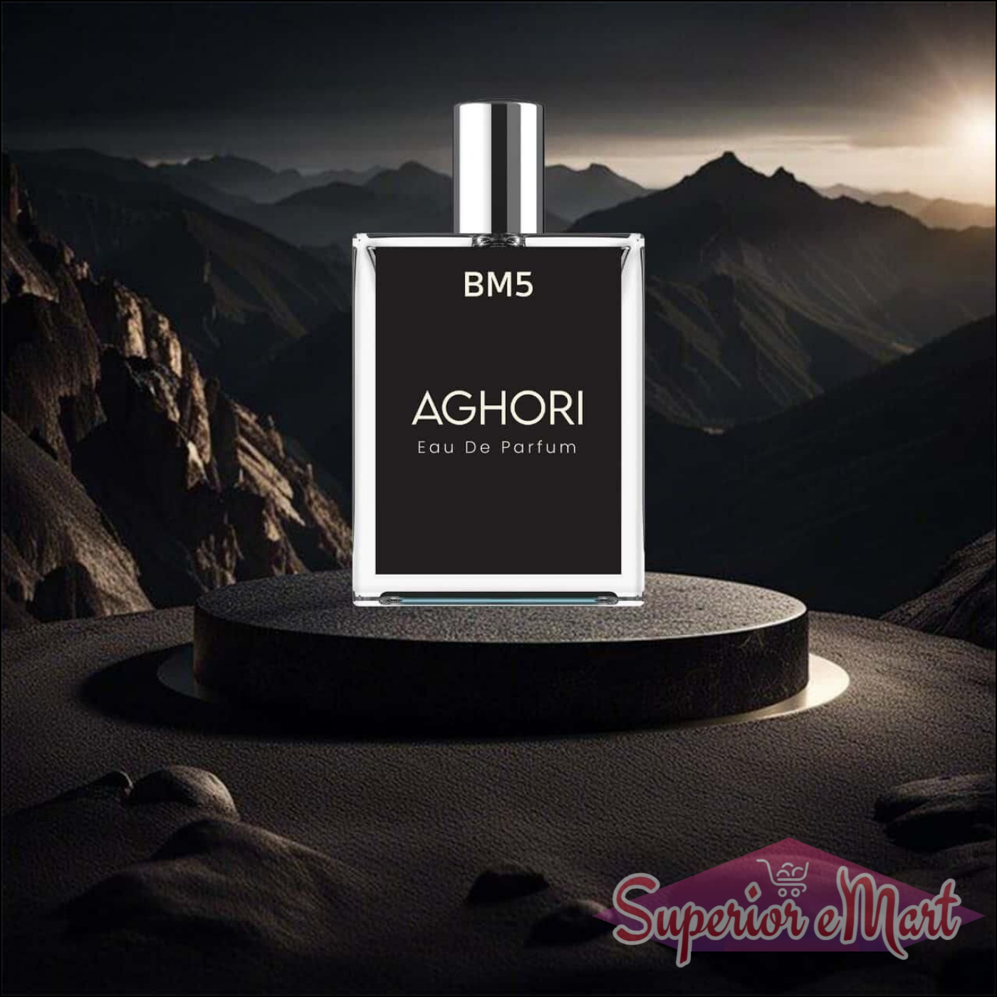 AGHORI The Mystical Perfume bottle on a mountain backdrop, showcasing elegance and allure