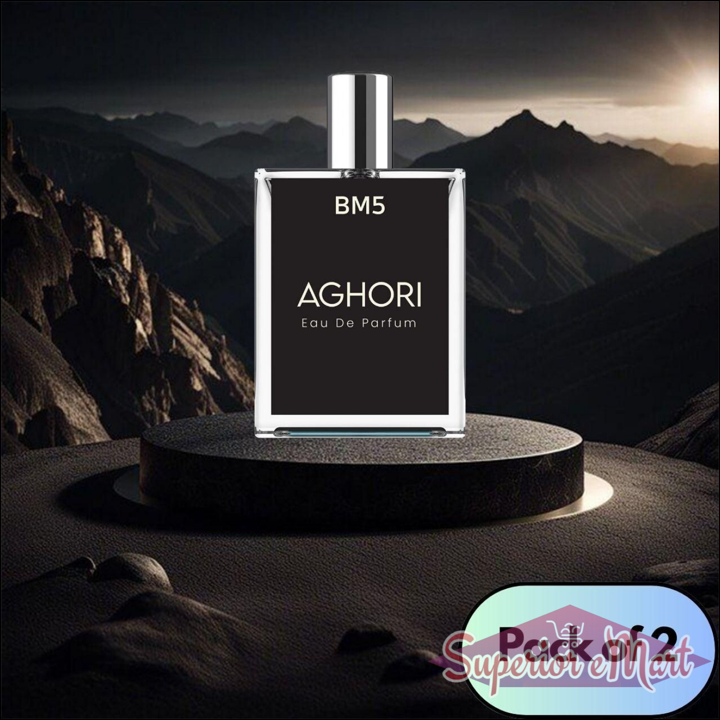 AGHORI The Mystical Perfume bottle displayed on a rocky surface, featuring a sleek design in a pack of 2