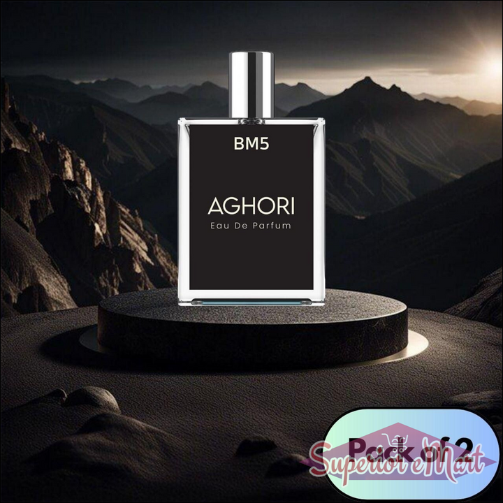 AGHORI The Mystical Perfume bottle displayed on a rocky surface, featuring a sleek design in a pack of 2