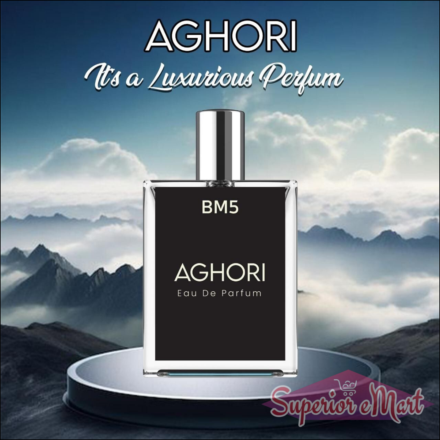AGHORI The Mystical Perfume with sleek black bottle on a mountain backdrop