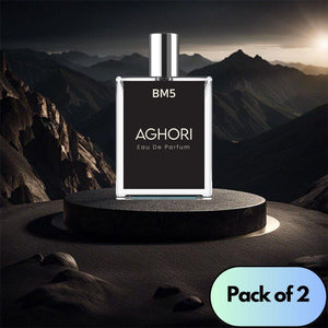 AGHORI The Mystical Perfume bottle displayed on a rocky surface, featuring a sleek design in a pack of 2