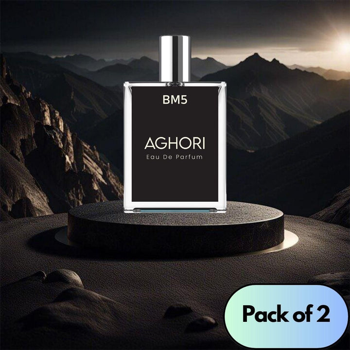 AGHORI The Mystical Perfume bottle displayed on a rocky surface, featuring a sleek design in a pack of 2