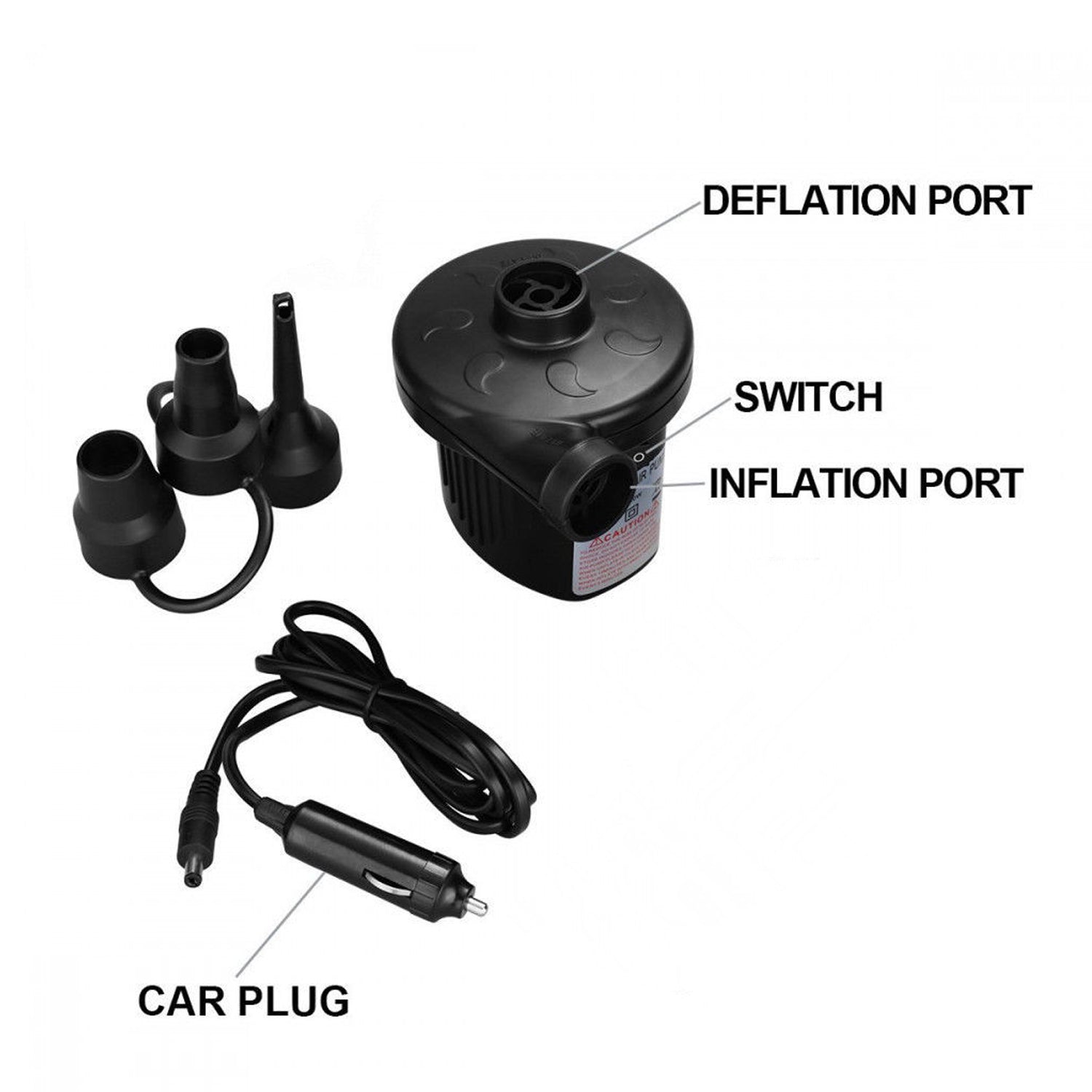 Quick inflate deflate air pump with multiple nozzles and car plug for easy portability