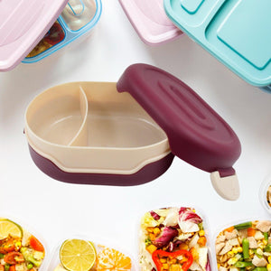 Airtight food grade tiffin box in maroon and cream with compartments for meal prep and storage